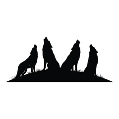Silhouette of four wolves howling together on a hilltop at dusk wildlife scene vector © Payara