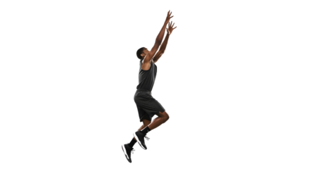 Dynamic Basketball Player Jumping High, Indoor Court, Action Shot, Athletic Performance, Energetic Atmosphere, Side View Perspective