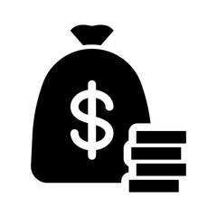 Single black money bag with stack of coins icon, simple finance flat design vector pictogram, infographic interface elements for app logo web button ui ux isolated on white background