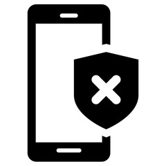 Black single mobile secure failed warning filled icon, simple digital flat design pictogram, infographic vector for app logo web website button ui ux interface element isolated on white background