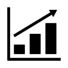 Black single arrow growing up chart graph bars glyph icon, success graph trending upwards flat design interface infographic element for app ui ux web button, vector isolated on white background