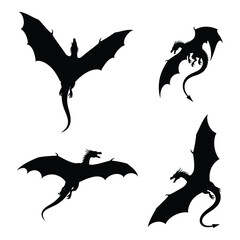 Fototapeta premium Four silhouette dragons in flight dynamic poses mythical creatures vector