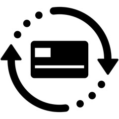 Black single renew credit card icon, simple card transaction flat design infographic pictogram vector for app logo ads web button ui ux interface elements isolated on white background