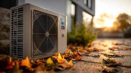 An outdoor heating and cooling unit is sitting on a stone surface, with autumn leaves scattered around it, illuminated by the setting sun.