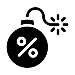 Black single exploding percentage bomb icon, simple inflation or economic recession flat design pictogram vector for app logo ads web webpage button ui interface elements isolated on white background