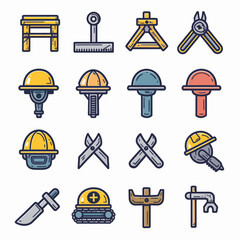 Twelve line illustrations of construction tools and equipment in a block grid layout