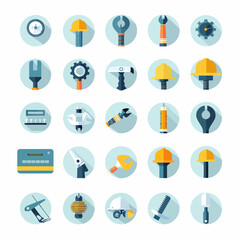 Collection of flat design illustrations of various tools and construction related items