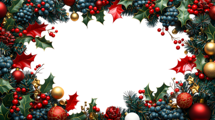 Festive Christmas wreath border with red and gold ornaments, holly and pine_perfect for holiday cards.