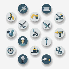 Flat-design illustration of workshop tools and an engineer, all in simple, rounded shapes