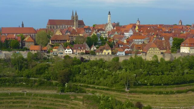 Aerial panoramic view of the city Rothenburg ob der Tauber in Germany, Bavaria on a sunny spring day