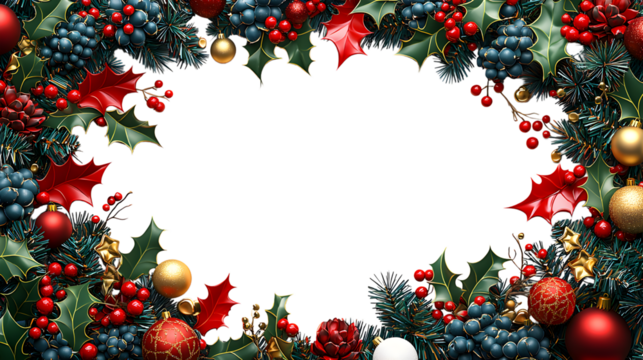 Festive Christmas wreath border with red and gold ornaments, holly and pine_perfect for holiday cards.