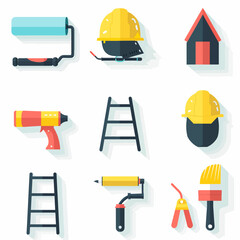 Nine flat-style icons for construction and home improvement, featuring tools and protective gear