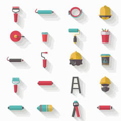 Flat vector icons of construction tools and worker's equipment are displayed on a white background