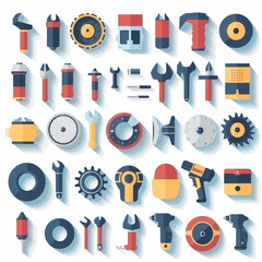 A stylized array of mechanical tools, including wrenches, gears, and power equipment, casting soft shadows