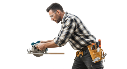 Action of a Carpenter Using Circular Saw, Indoor, Professional Workspace, Full-Body View, Casual Attire, Focus on Craftsmanship