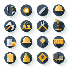 Flat design construction tools and equipment icons on a white background. Dark blue circles surround each item