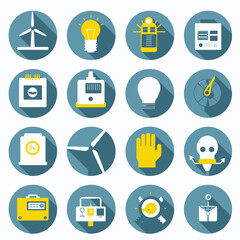 Sixteen circular icons featuring various objects associated with energy, engineering, and potential hazards