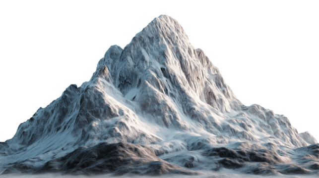 Mountain covered with snow isolated on white background or transparent png, majestic winter landscape with icy peaks and serene natural beauty. - Powered by Adobe