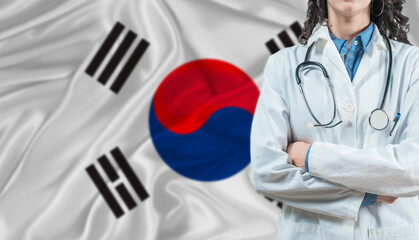 Medical professional on South Korea flag. Healthcare and wellness in South Korea, Concept