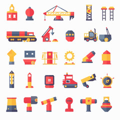 A set of colorful, flat-design icons featuring industrial machinery, vehicles, and instruments