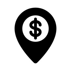 Black single money map pin icon , simple cash exchange or atm navigation flat design pictogram vector for app ads web banner button ui ux interface elements isolated on white background