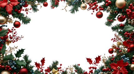 Festive Christmas wreath border with red and gold ornaments, holly and pine_perfect for holiday cards.