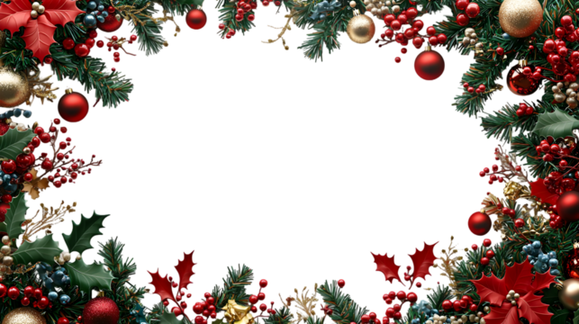 Festive Christmas wreath border with red and gold ornaments, holly and pine_perfect for holiday cards.