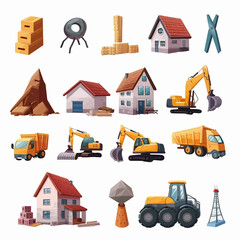 A colorful illustration featuring various construction elements and equipment on a white background