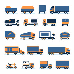 A collection of various transport vehicles, rendered in flat, geometric, and colorful style