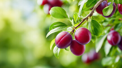 Ripe red plums hanging on a tree branch, surrounded by vibrant green leaves in a sunlit orchard