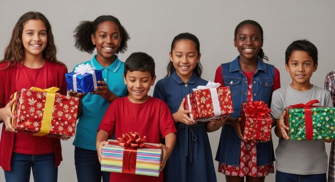 Day of goodwill celebration with diverse children holding gifts in festive spirit - Powered by Adobe