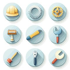 Vector illustration featuring nine industrial icons including gear wheels, tools, and a protective helmet