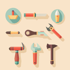 Illustration of a collection of various tools with distinct shapes and colors, designed in a flat, geometric style