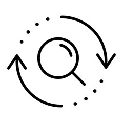 Black single magnifying glass sync line icon, simple repeat search flat design vector pictogram, infographic vector for app logo web button banner ui ux interface elements isolated on white background