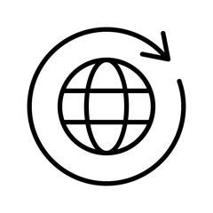Black round globe with sync arrow path line icon, simple flat design vector pictogram, infographic vector for app logo label web button banner ui ux interface elements isolated on white background