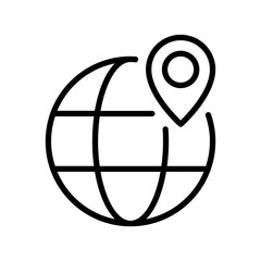 Single black globe with pin line icon, simple world map location flat design vector pictogram, infographic interface elements for app logo web button ui ux isolated on white background