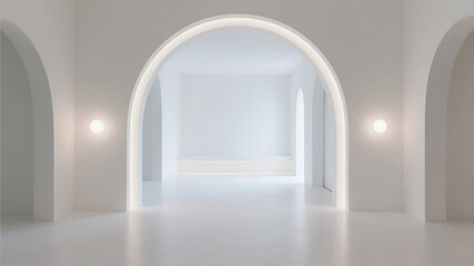 Fototapeta premium A minimalist white room featuring an arched doorway and soft ambient lighting, creating a serene and modern interior space.