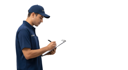 Business Professional Taking Notes, Side Angle, White Background, Photo, Office Environment, Focused Approach