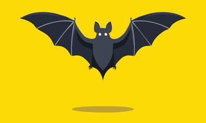 Fototapeta premium A dark bat with wide wings spread open against a bright yellow background.