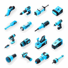 Isometric illustration of several stylized tools in shades of blue and black on a white background