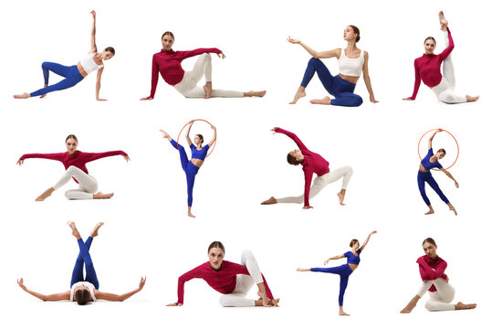Woman doing gymnastic exercises. Collage on white background