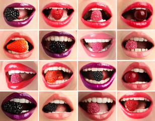 Women holding different berries and candies in mouth, closeup. Female lips with different shades of lipstick, collage