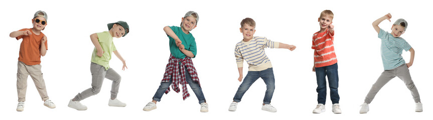 Happy children dancing on white background, collage