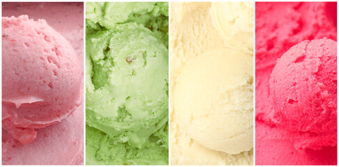 Mashed food texture. Ice cream of different flavors, collage