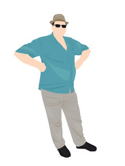 Vector illustration of a faceless plus size person in casual outfit with hat and sunglasses, standing with hands on hips, minimal semiflat style, isolated