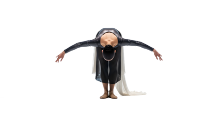 Elegant female dancer in deep bow, arms gracefully extended, full-body mid-move against pristine white studio background, showcasing artistic expression and dynamic form