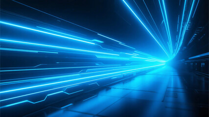 A futuristic scene with blue light trails forming a high-tech digital tunnel, representing advanced technology and innovation.