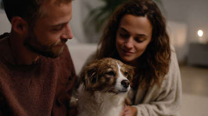 Young woman and man sitting on floor, gently petting their brown dog in a cozy indoor setting. Nervous pet afraid of loud fireworks display