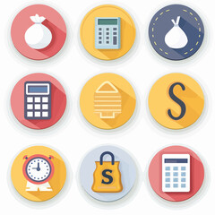 Nine circular flat icons with shadows, featuring a money bag, calculator, letter 'S', and clock, representing various concepts