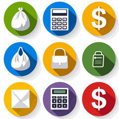 A graphic with various icons representing money, finance, calculations, and related items